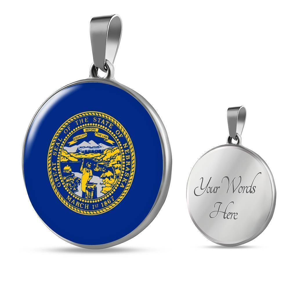 Nebraska State Flag Circle Pendant Necklace Stainless Steel 24 Inch Chain Silve